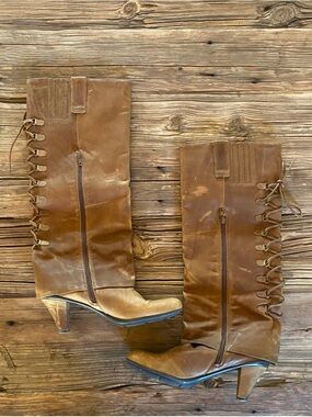Gentle Souls Oh Shucks Brown Leather Mid-Calf Lace-Up Heeled Boots Size 8